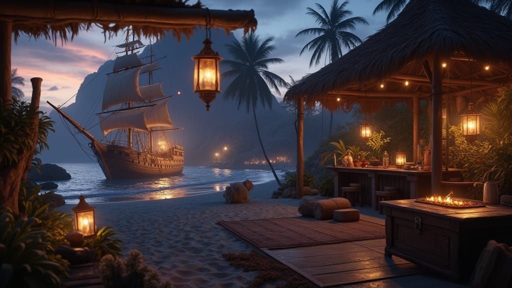 Pirate Hideout at Dusk in Cinematic Style