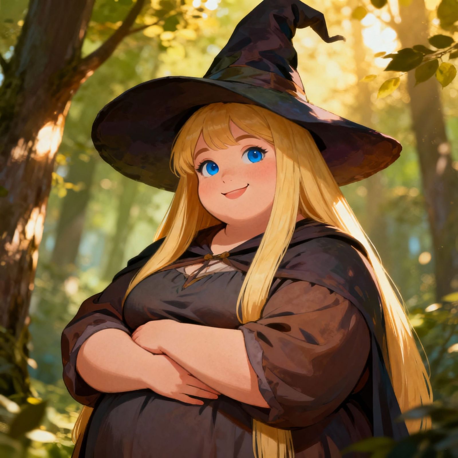 Friendly Fat Witch in Forest with Blonde Hair and Blue Eyes