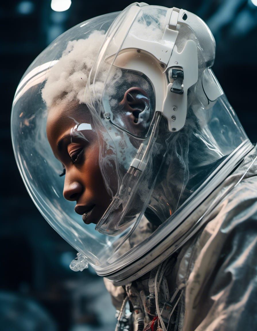 <lora:3D Anime:1.0> Bald nigerian woman photorealistic clear liquid spacesuit