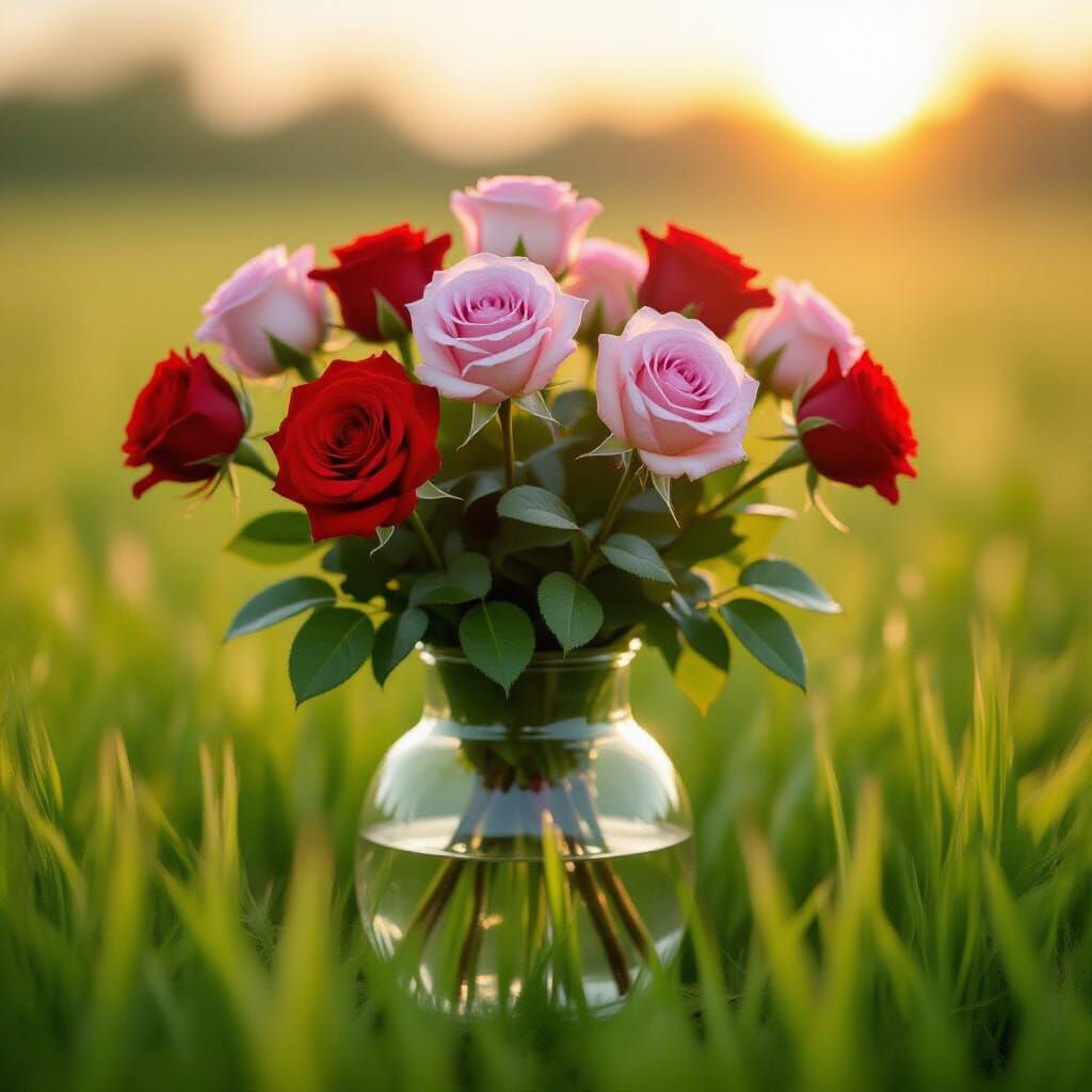 Roses in a Vase Amidst a Grassy Field