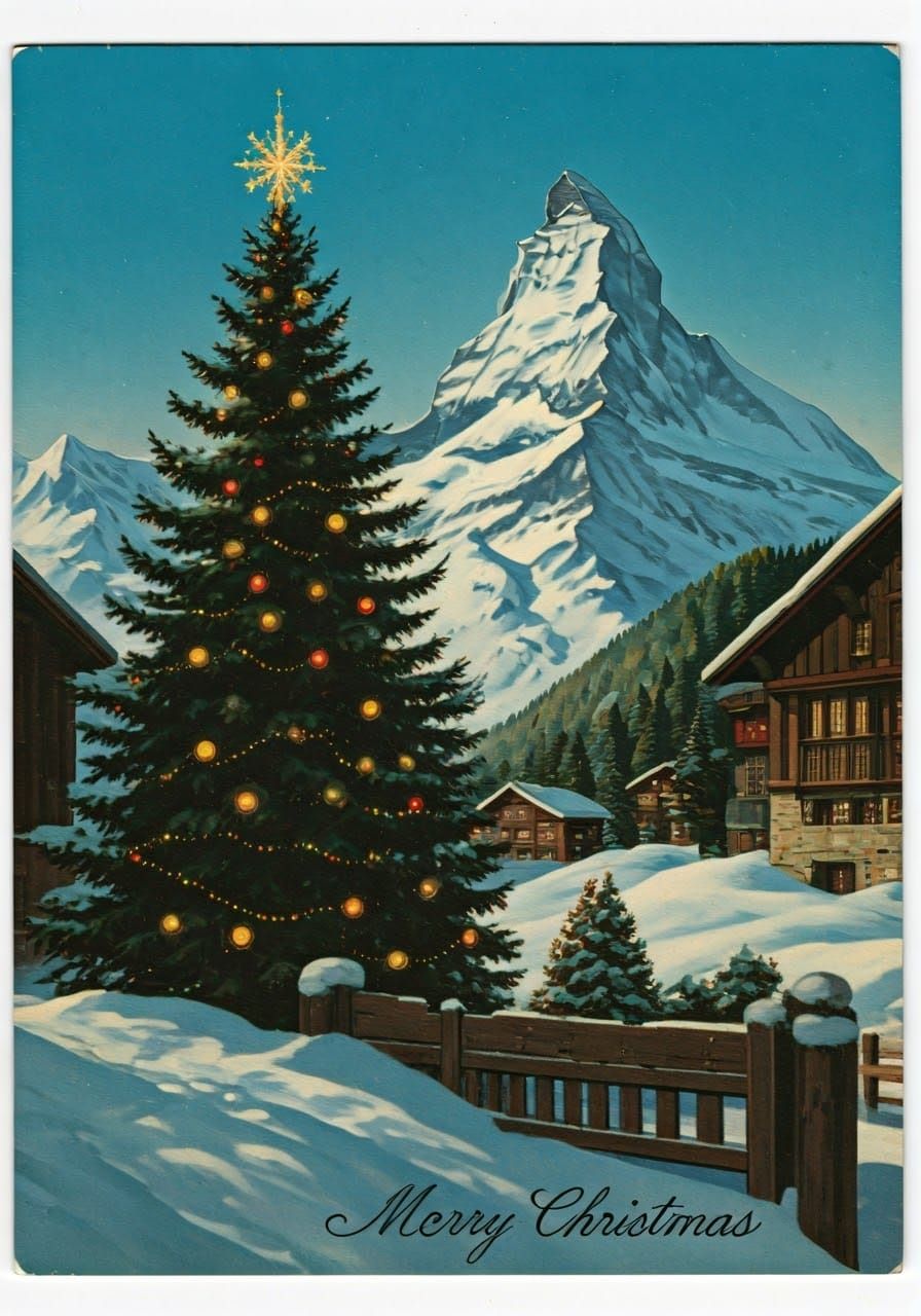 Vintage Christmas Postcard in Swiss Alps