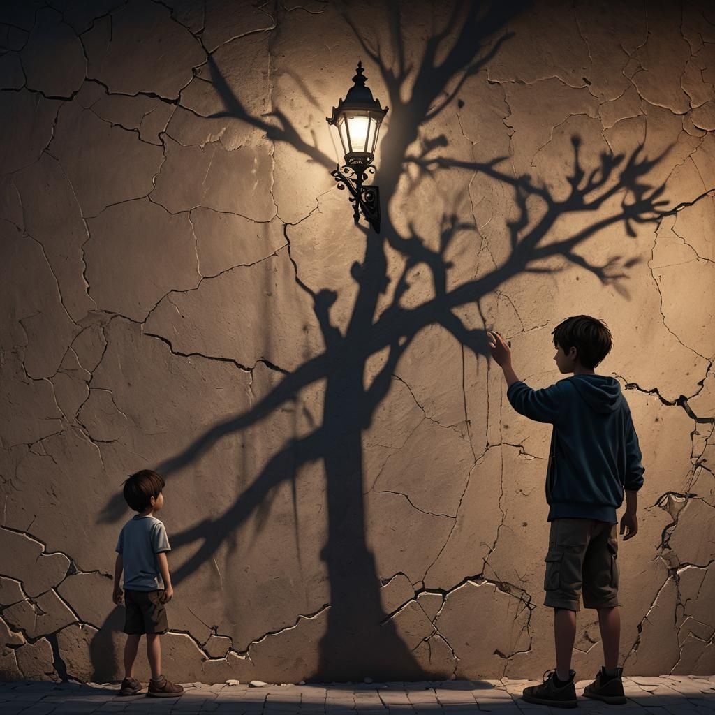 Boy's Shadow Holding Girl's Hand in Night