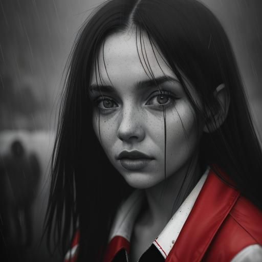 People Walking in Rainy Park in Black, White, and Red