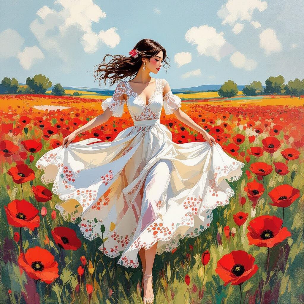 Woman Dancing in Poppy Field, Mixed Media Art