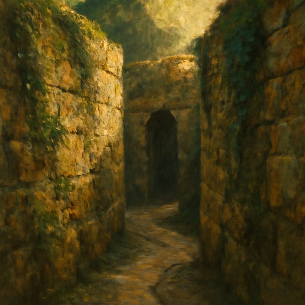 Impressionistic Stone Maze Interior with Mossy Walls