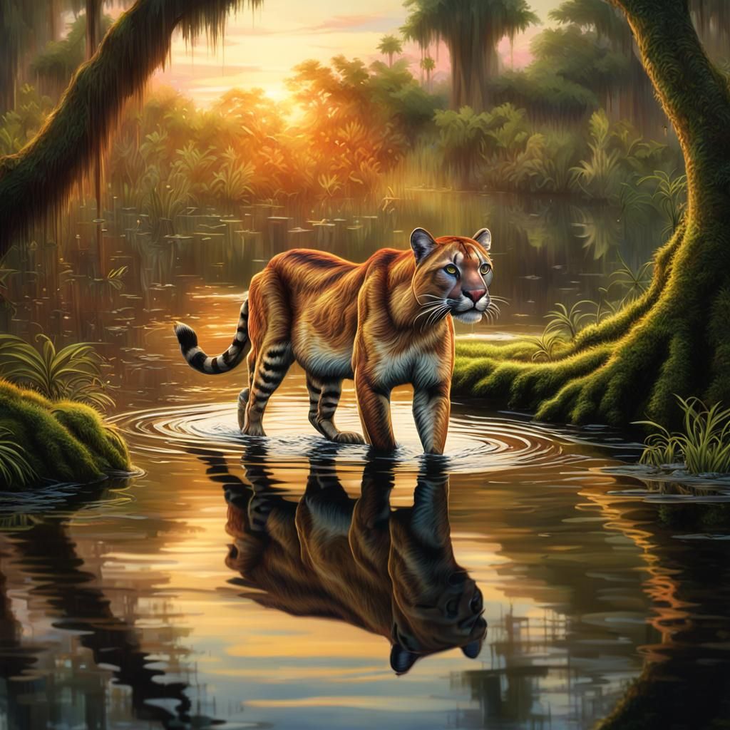 Florida Panther in Bayou Reflection: Hyperrealistic Matte Pa...