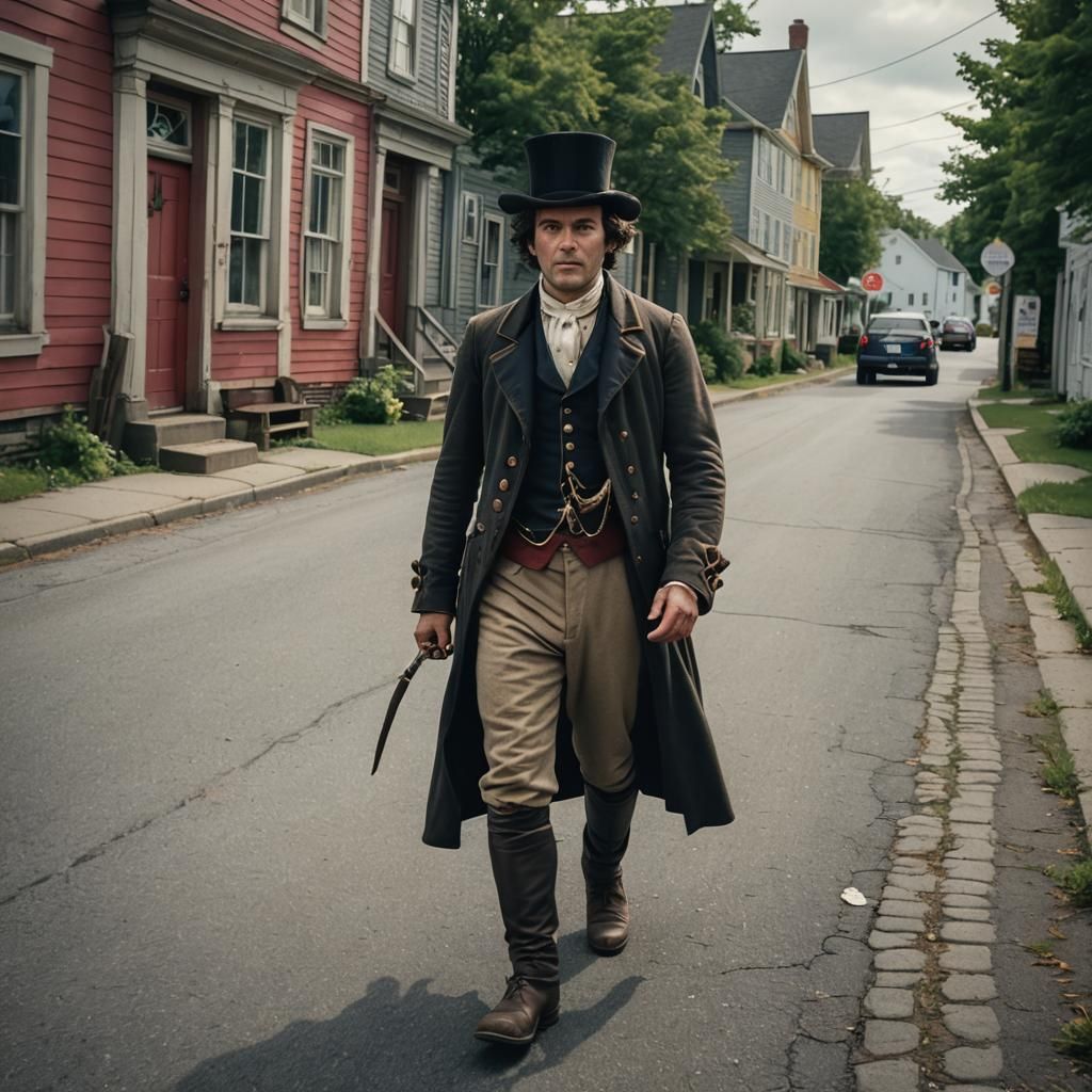 Man in 1830s Outfit on Modern Nova Scotia Street