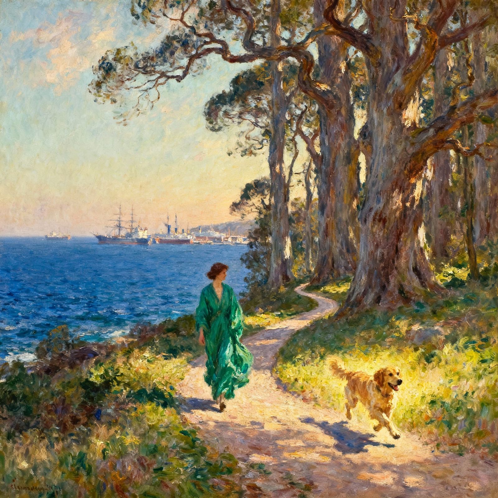 Woman and Dog on Coastal Forest Path in Impressionist Style