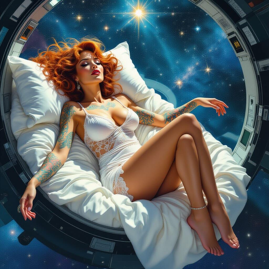 Redhead Woman Levitating Among the Stars