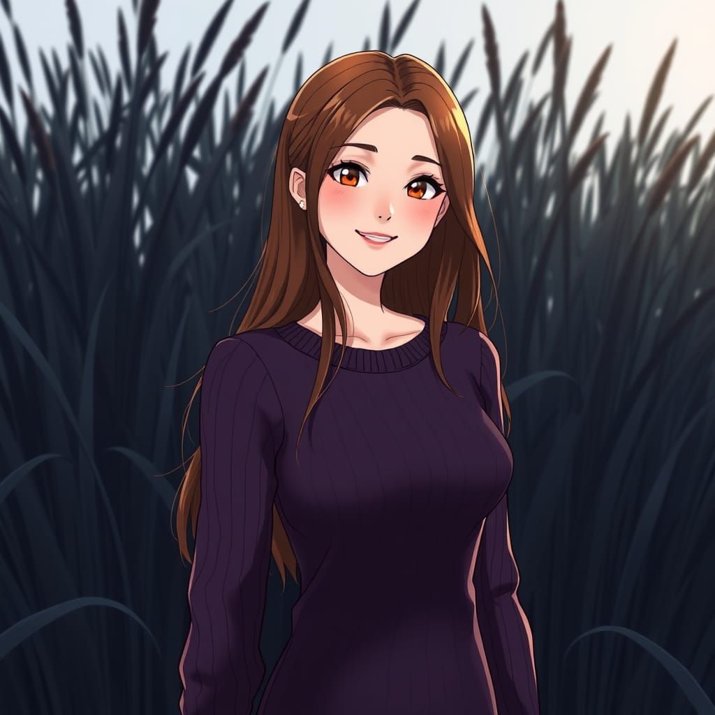 Smiling Woman in Purple Dress, Anime Style