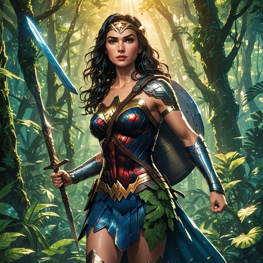 Wonder Woman in Anime Style in the Rainforest