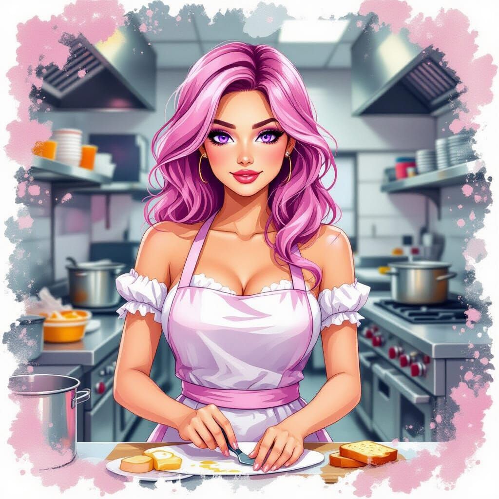 Pink Haired Woman in Food Kitchen, Alcohol Ink Splatter Styl...
