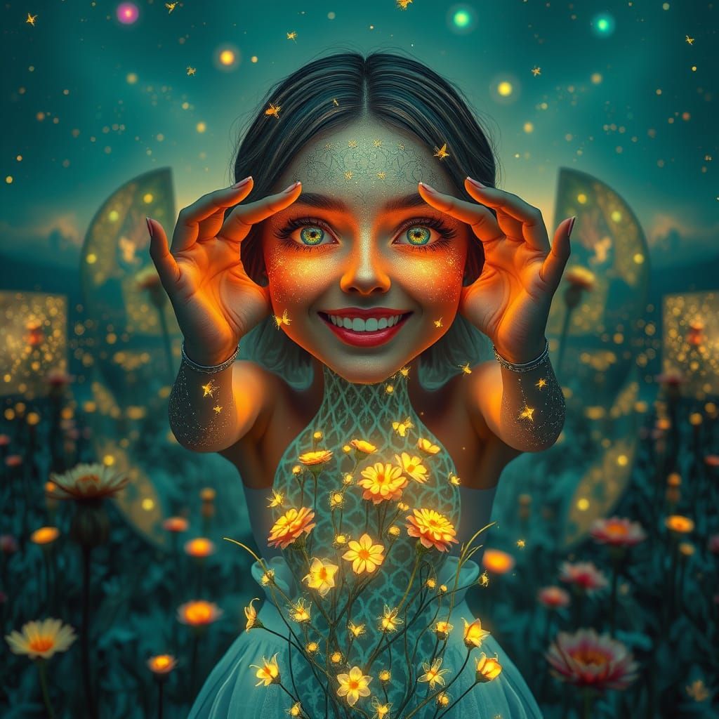 Surreal Firefly Woman in Mirrored Landscape