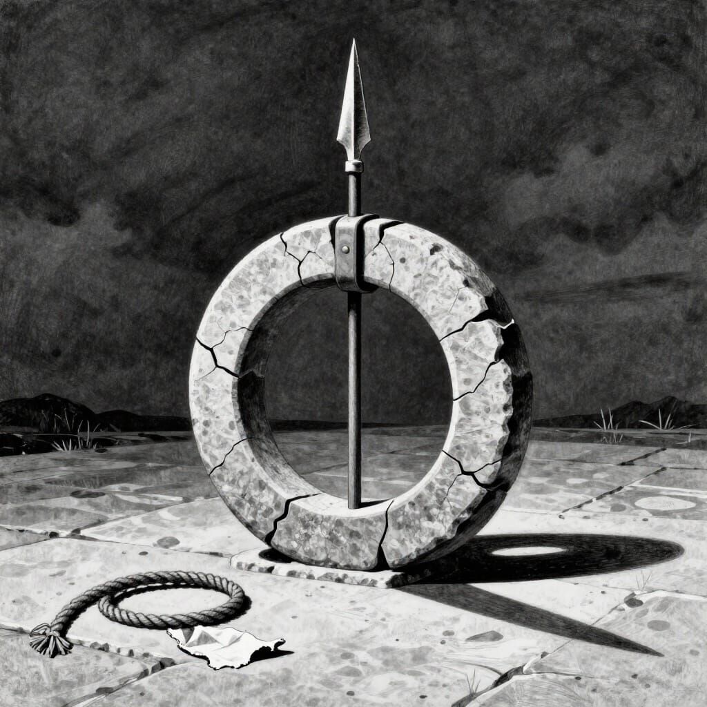 Empty Stone Training Ring with Spear Under Heavy Sky