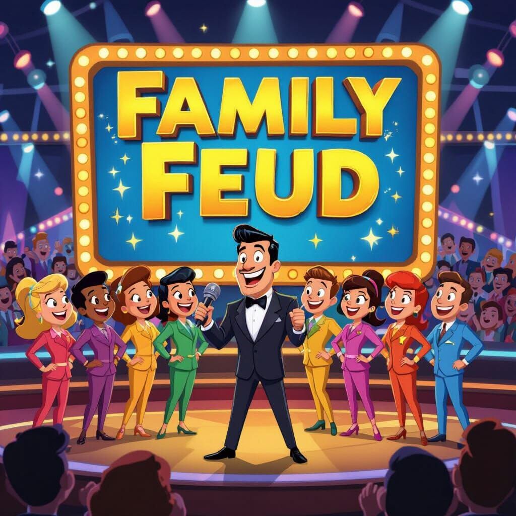 Vibrant Cartoon Game Show Set with Family Feud Theme