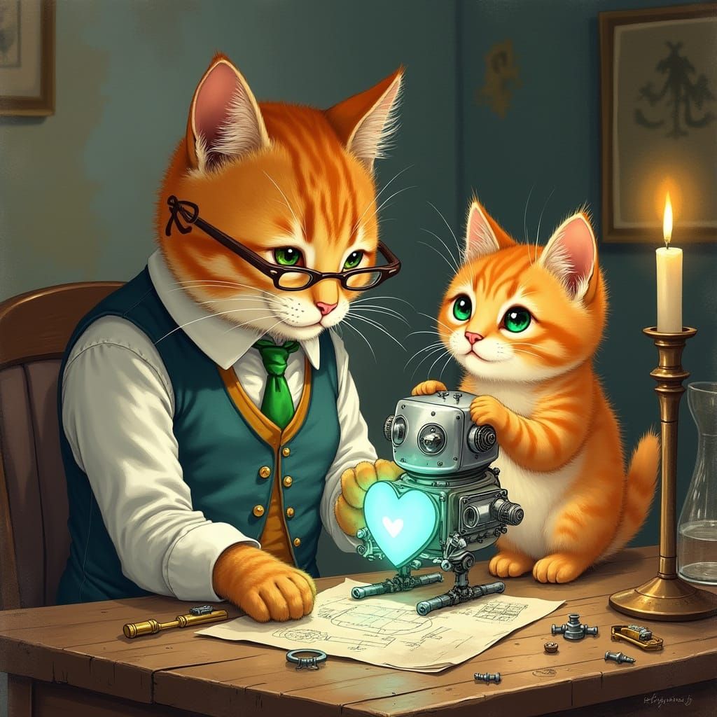Vintage Steampunk Professor Cat Tends to Robotic Kitten