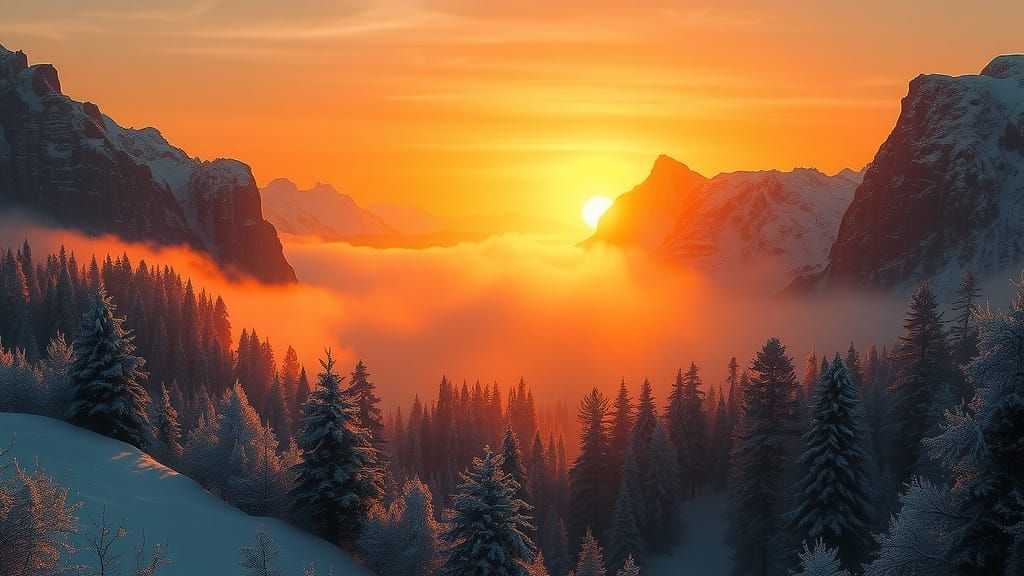 Snowy Sunrise Landscape in Vaporwave Style