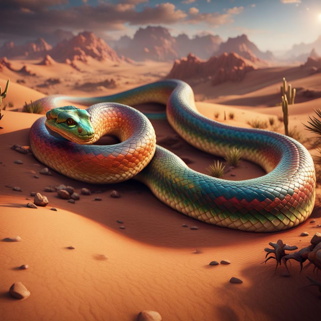 Rainbow Serpent Emerges in Desert, 3D Render