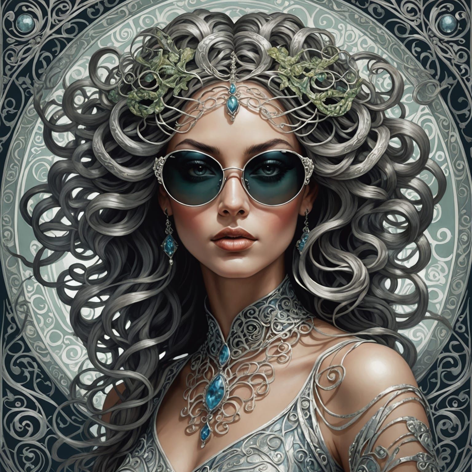 Ethereal Medusa with Sunglasses in Art Nouveau Style
