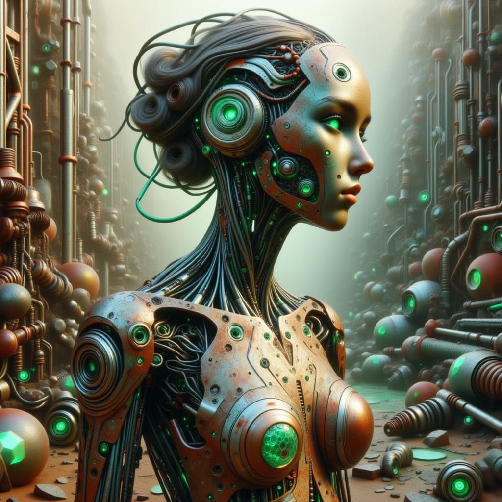 Woman Sculpted from Auto Parts in Charcoal Style