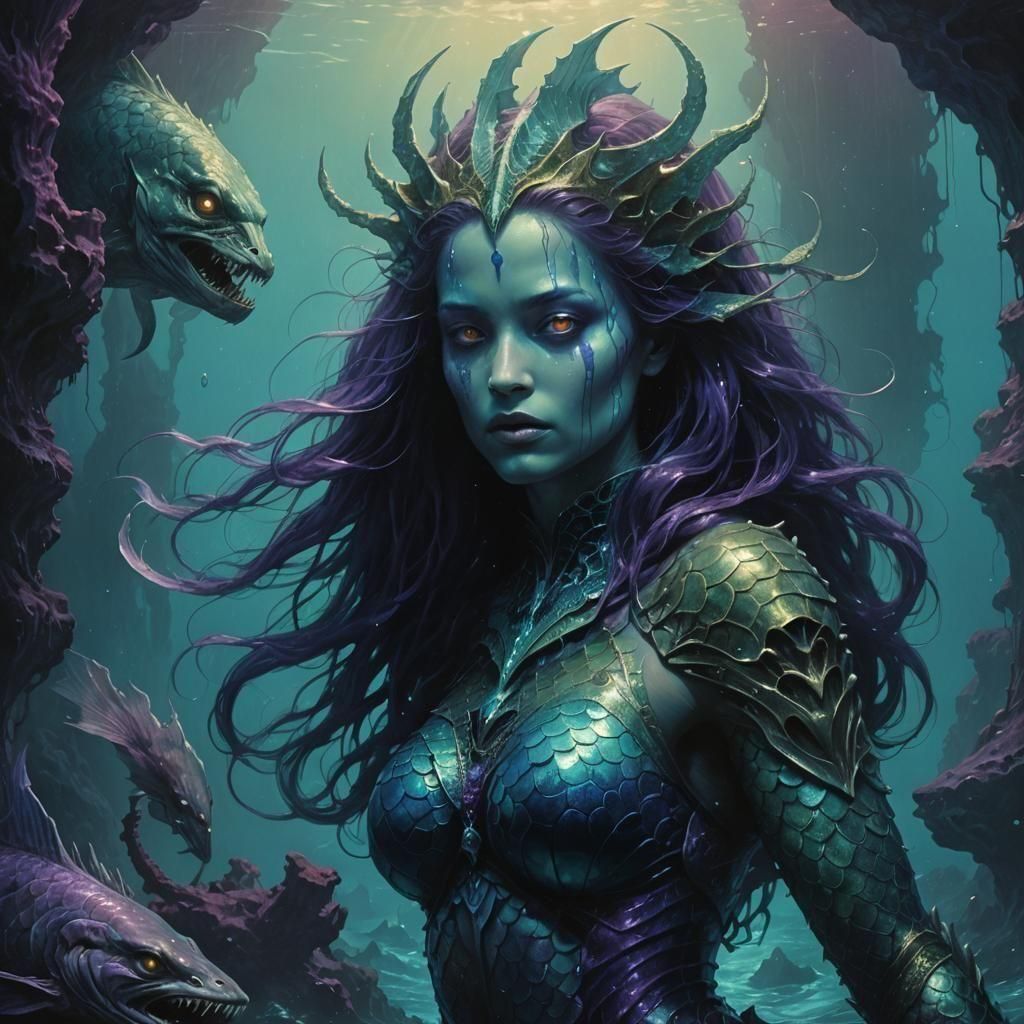 Metallic Mermaid in a Dark Fantasy Landscape