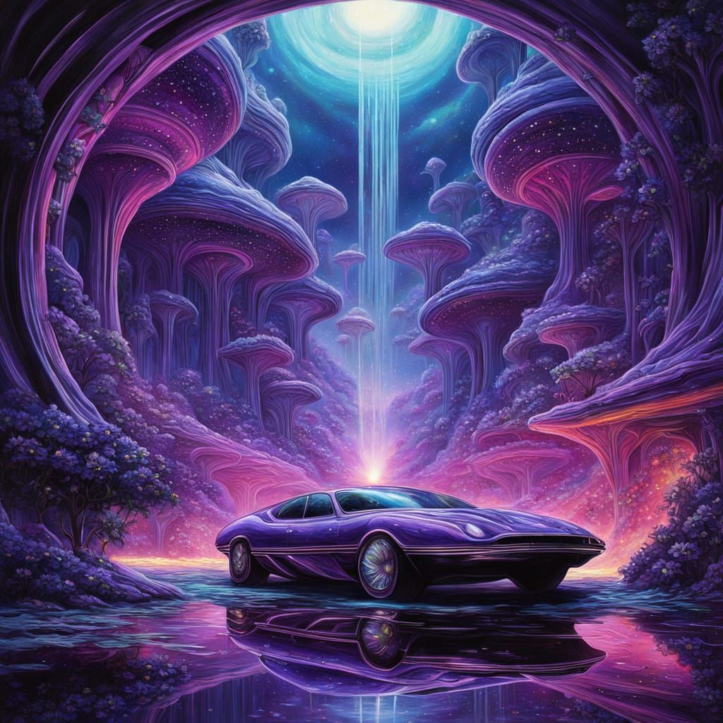 Surreal Cosmic Flower Blooms with Iridescent Petals and Shim...