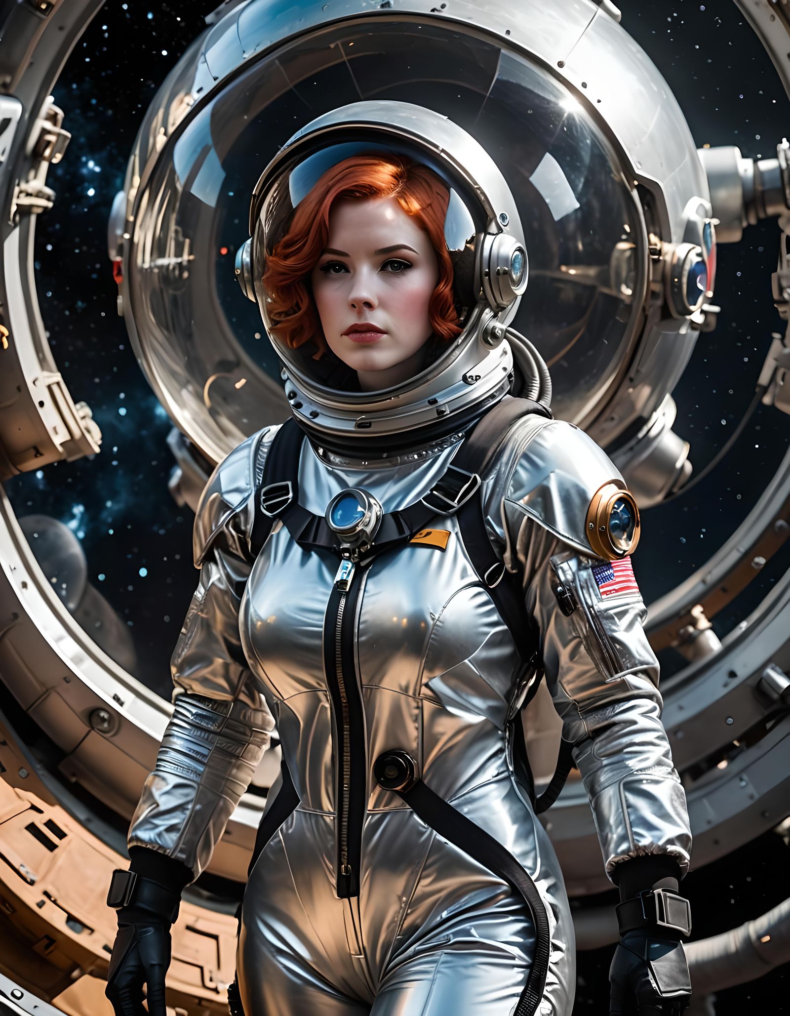 Redhead Astronaut in Silver Spacesuit Floating in Space