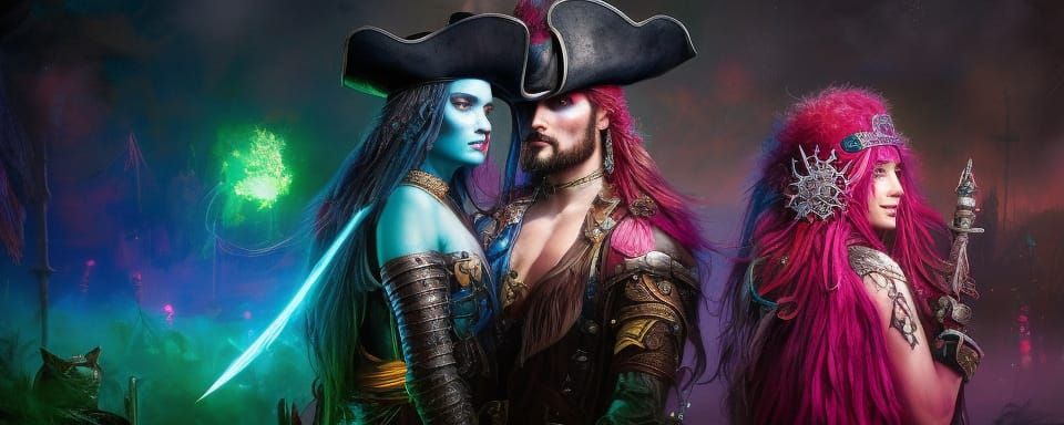 Pirate Warrior Sorceress and Lord in Love, Fantasy Art