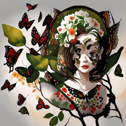 Watercolor Butterflies by Water's Edge in Ink Painting Style