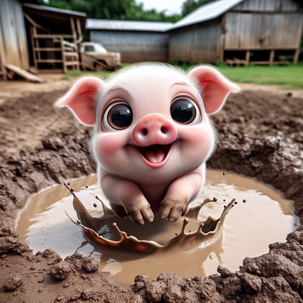 Joyful Piglet's Leap into Mud, Cartoon Style