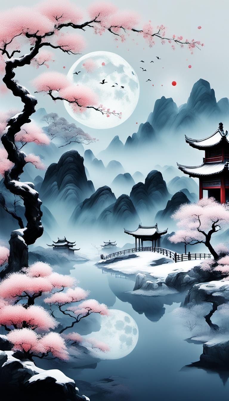 Minimalist Lunar Fantasy in Chinese Ink Style