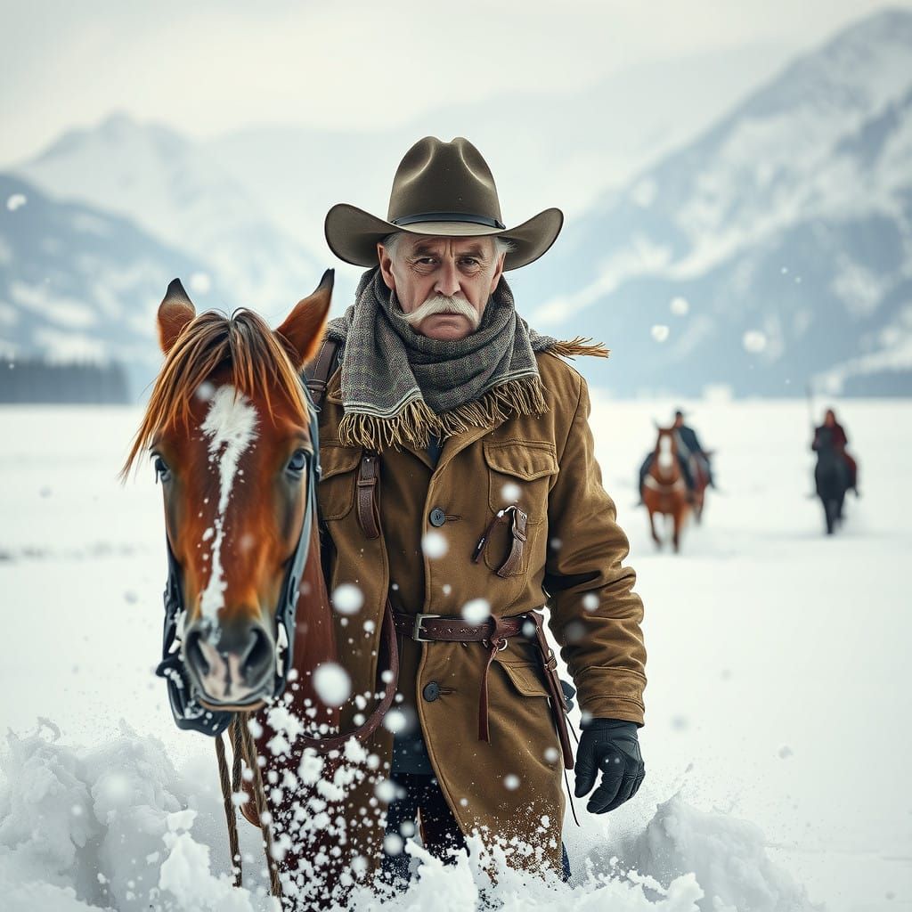 Weathered Cowboy Trudges Through Snowy Montana Landscape