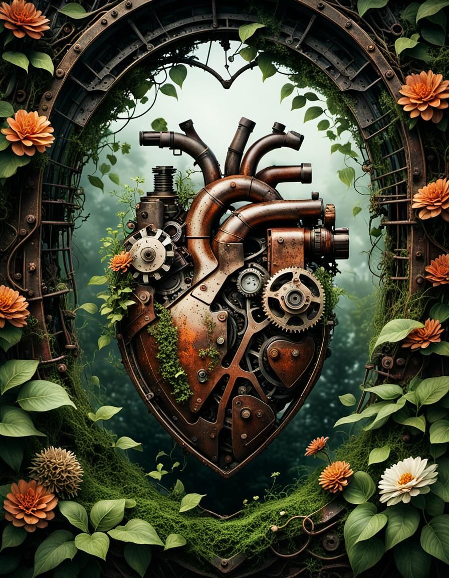 A weathered and rusted mechanical heart.