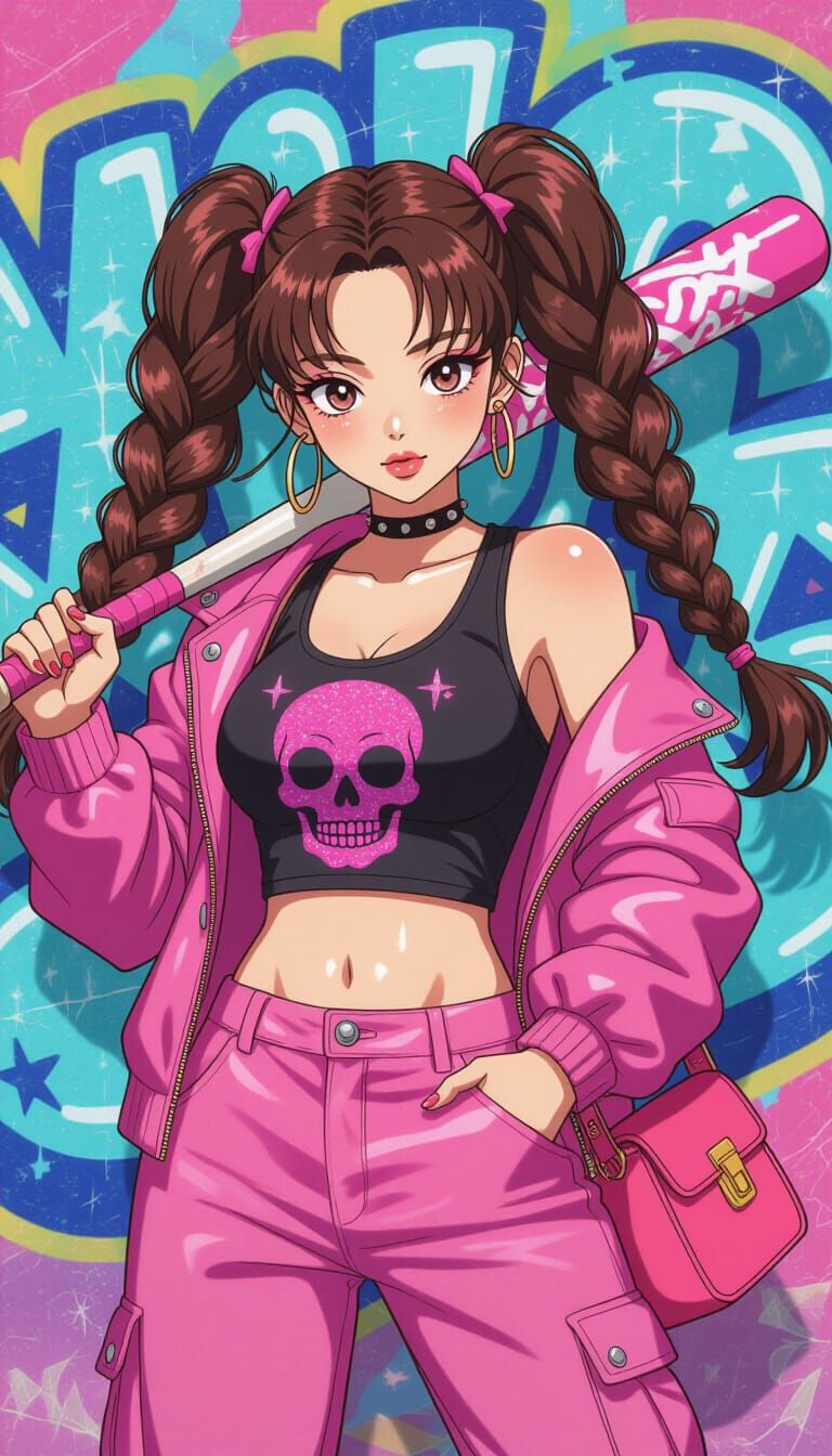 Korean Woman with Baseball Bat in Anime Style