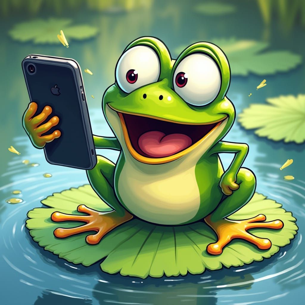 Shocked Cartoon Frog and Splashing Smartphone