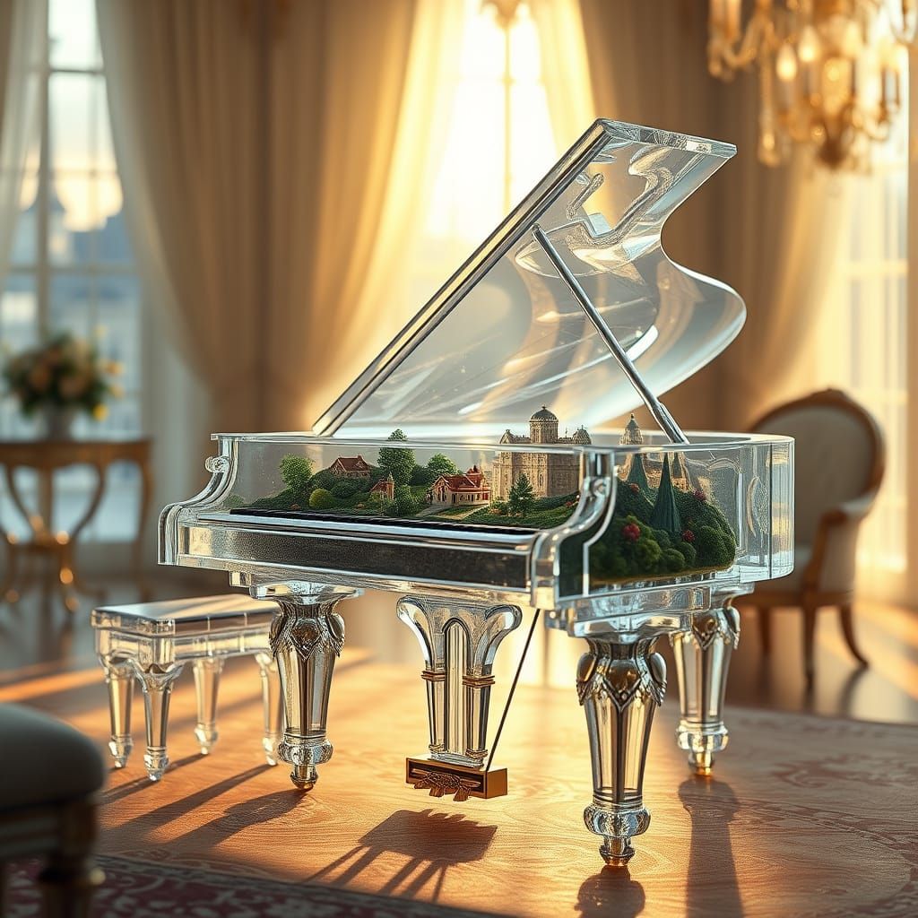 Crystal Glass Piano with Miniature World in Music Room