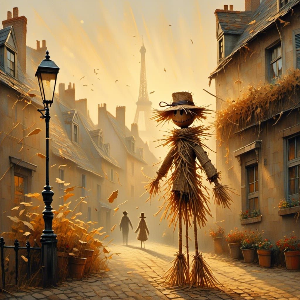 Parisian Scarecrow in Impressionist Cityscape