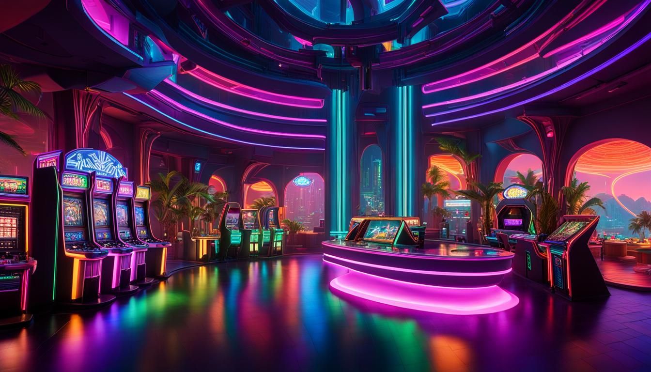 Rainbow Cyberpunk Arcade Casino in Futuristic Atlantis