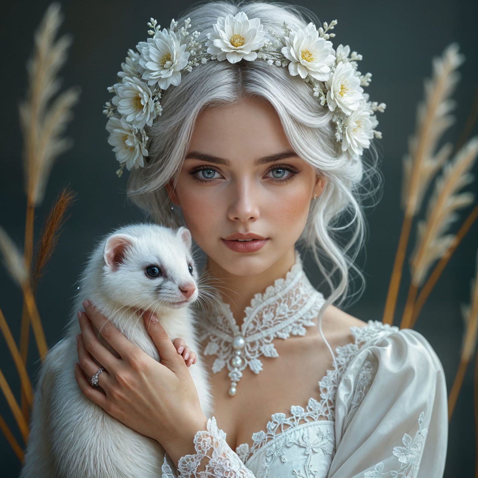 Ethereal Woman with Ferret in Fantasy Realism Style