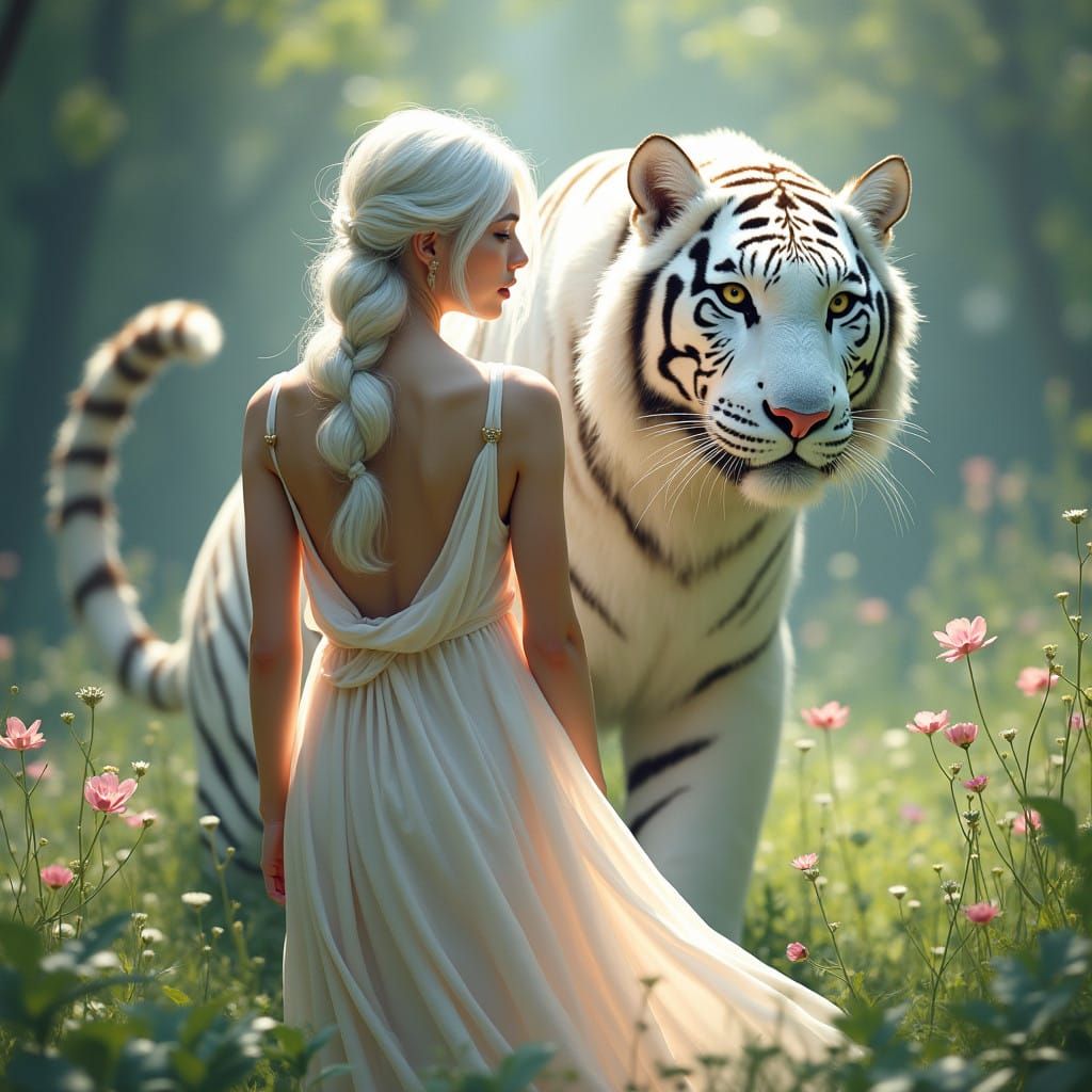 Ethereal Pleadian Goddess with Majestic White Tiger in Vibra...