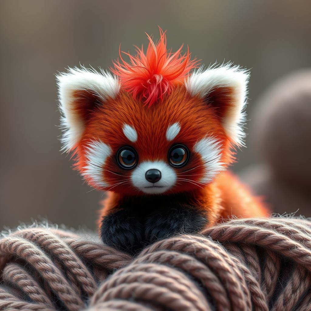 Cute Red Baby Panda with Wool Mohawk, Knitted Yarn