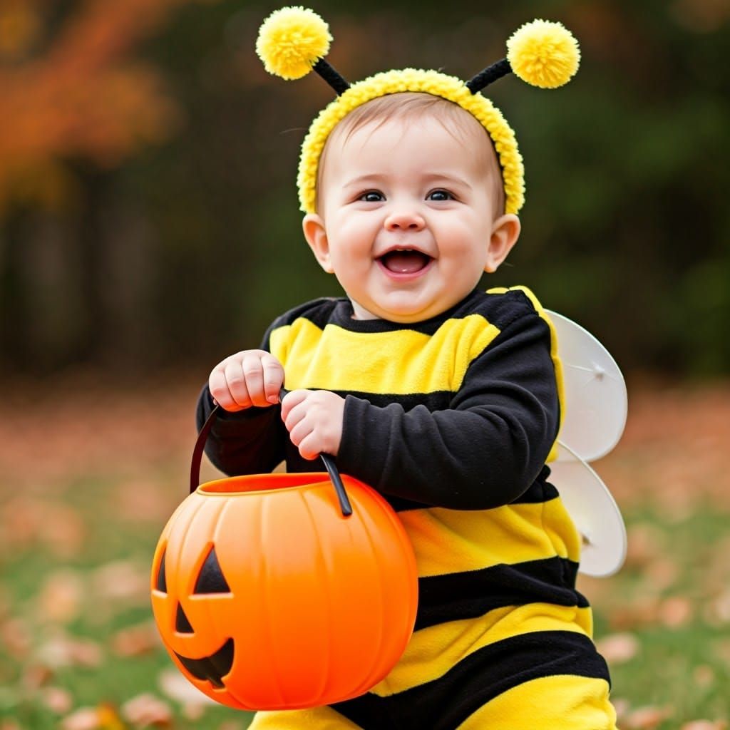Baby in Bee Costume Ready for Halloween Treats