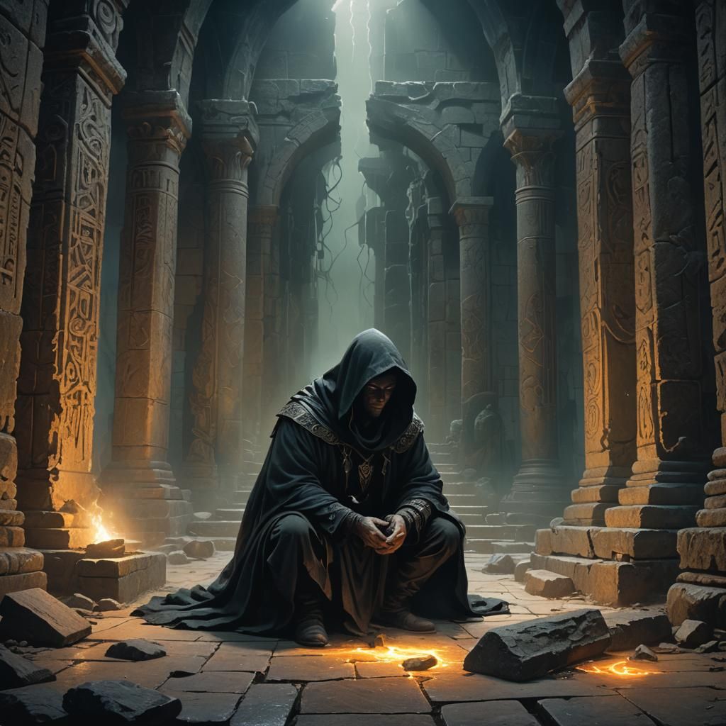Dark Fantasy Figure in Ruined Temple