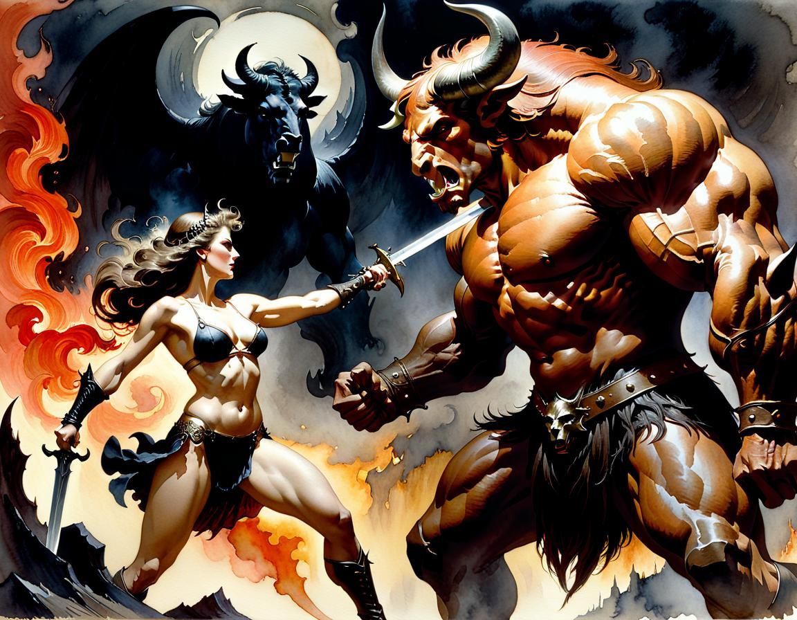 Blazing Minotaur Confronts Woman in Watercolor Style