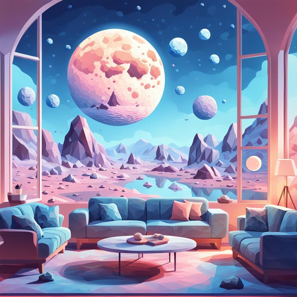 Lunar Living Room: Surreal Digital Illustration