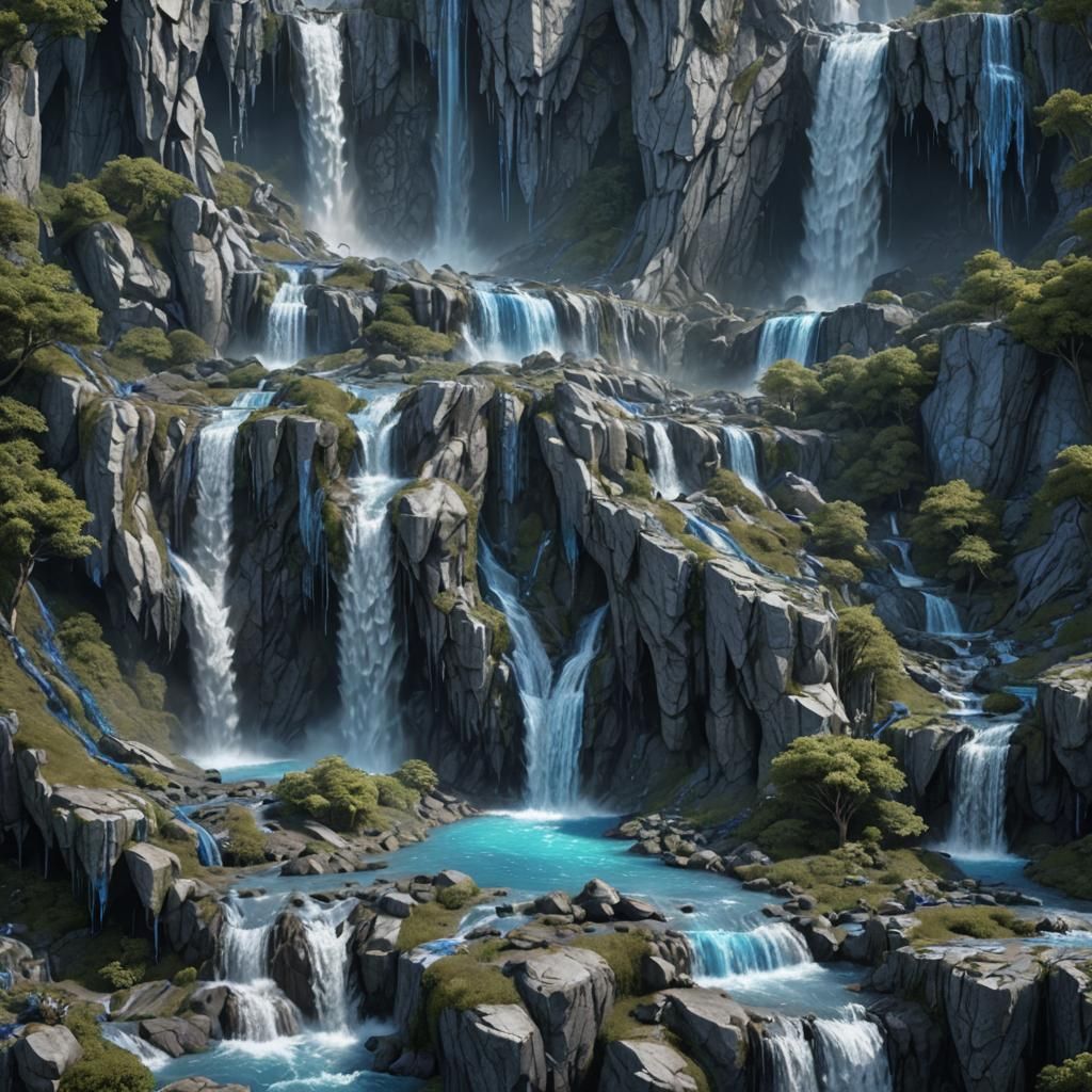 Blue and Silver Waterfalls Fantasy Concept Art