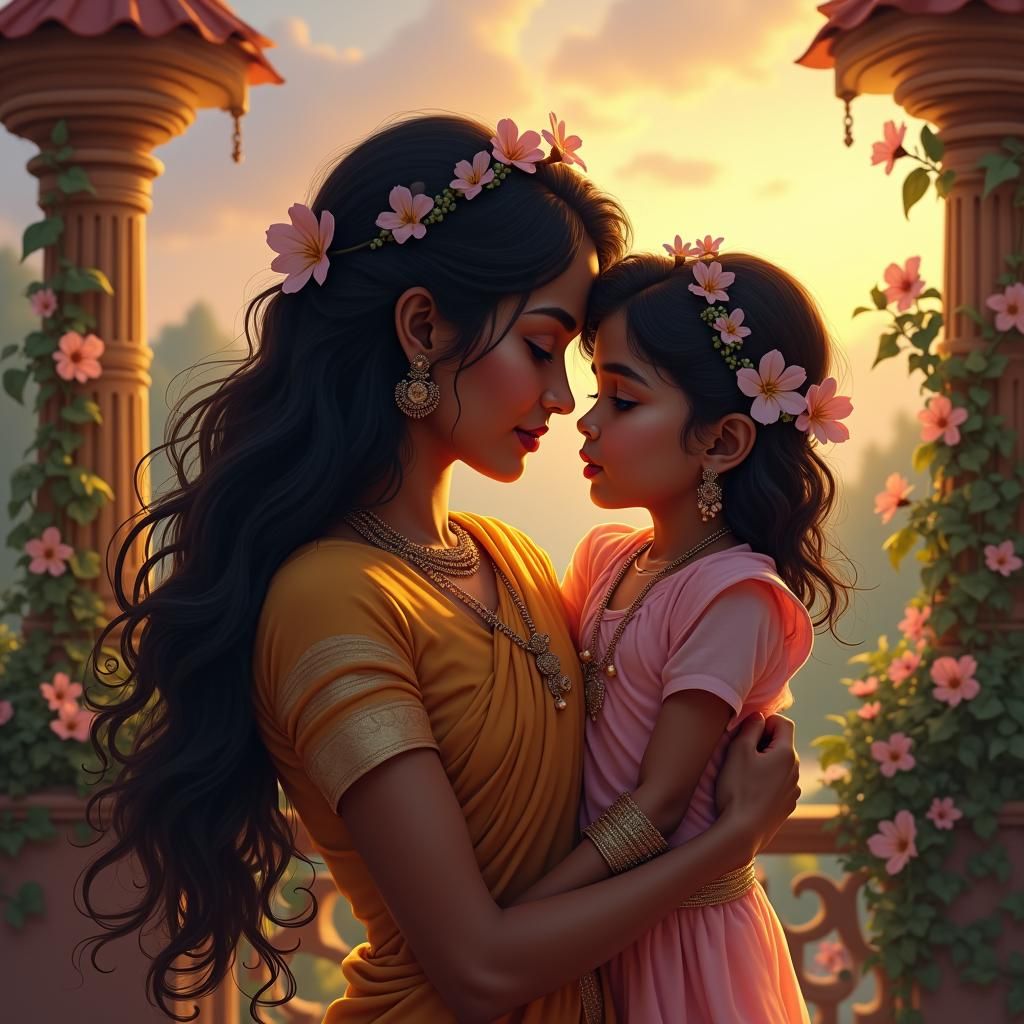 Loving Mother and Daughter in Dreamlike Setting