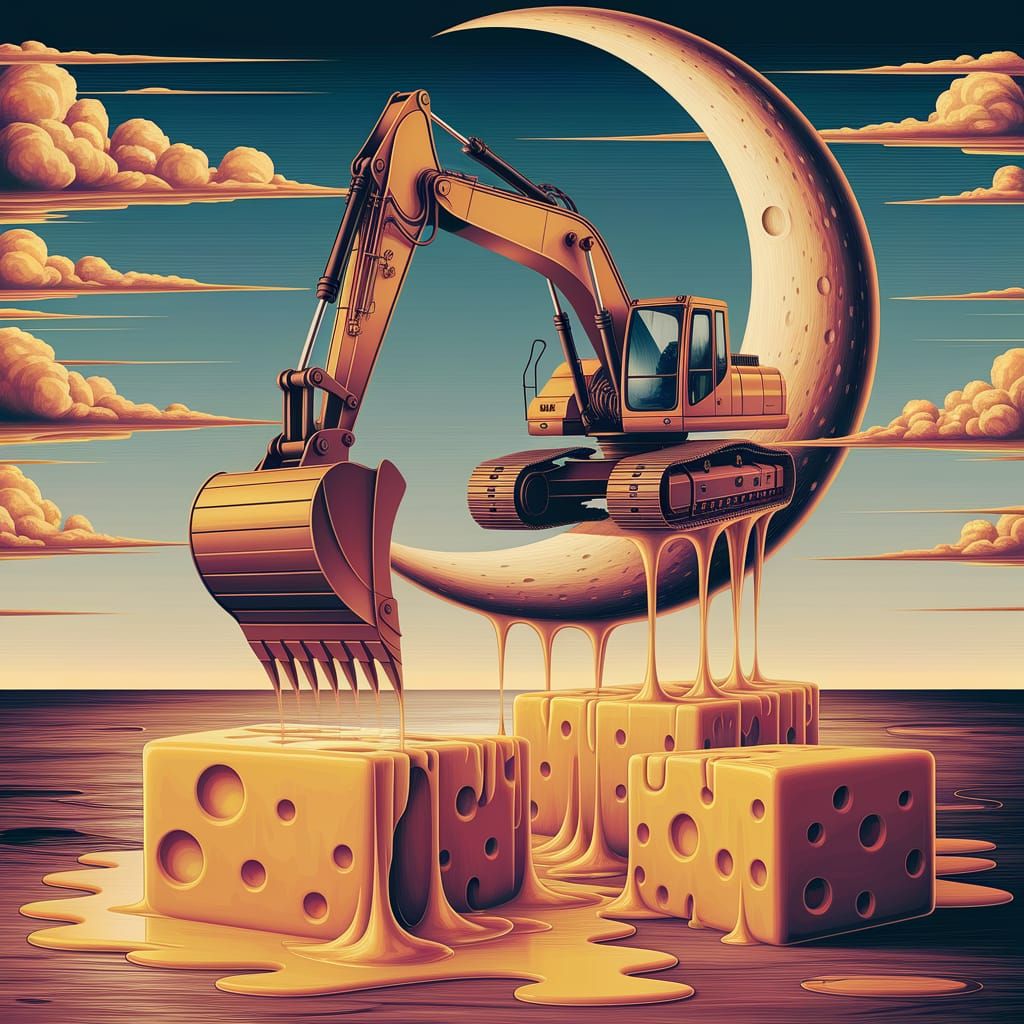 Excavator Digging Cheese Moon in Dali Style