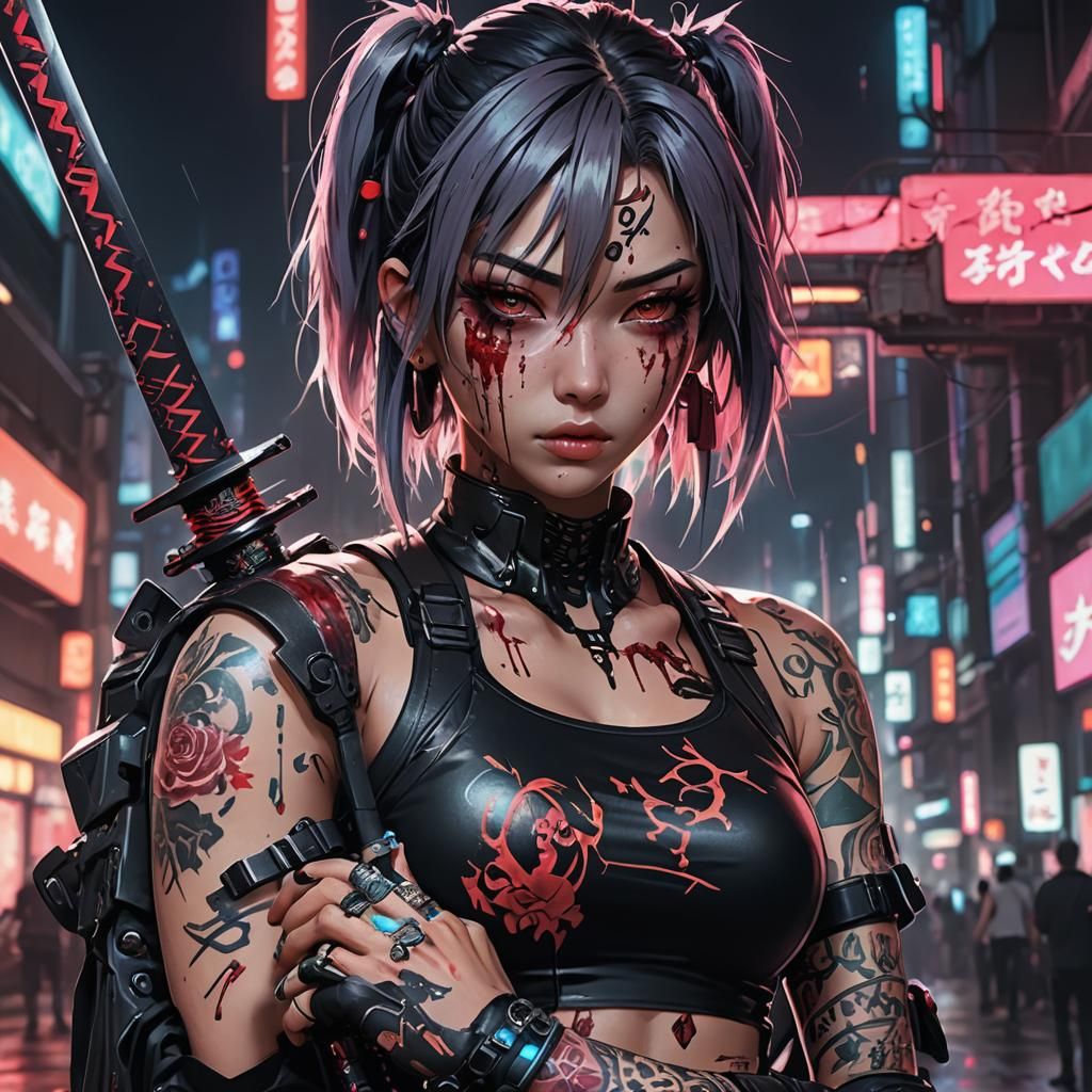 Cyberpunk Anime Girl with Katana and Neon Tattoos