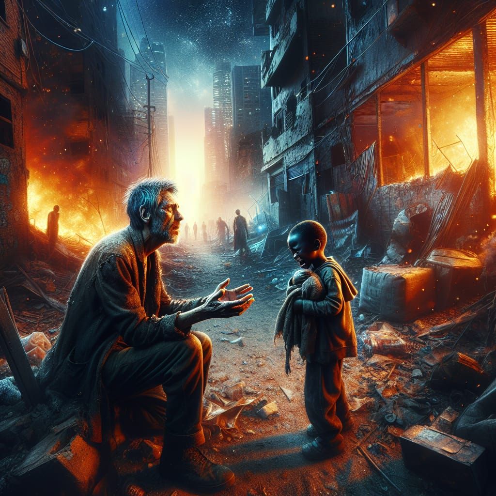 Dystopian Father and Son: Hyperrealistic Splash Art